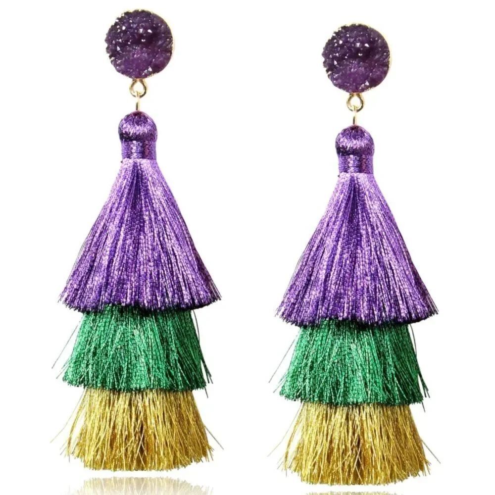14K Yellow Gold with Mardi Gras Ombre Silk Thread Tassel Quartz Druzy Earrings